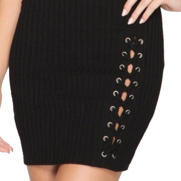 Black Ribbed Bodycon Dress Lace-Up Detail - Picture 3 of 5